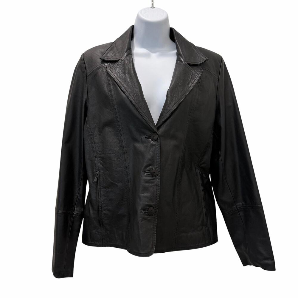 JEWELS Leather Blazer Jacket Womens Large Black Single Breasted Zip Pockets
